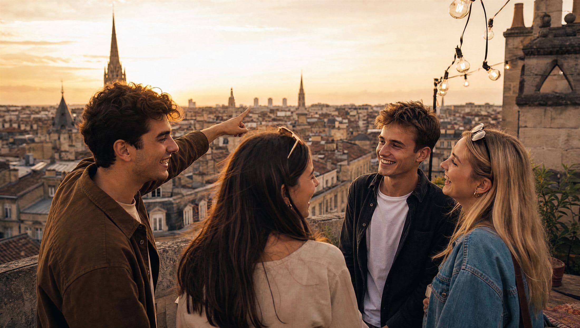 Students on a rooftop at golden hour